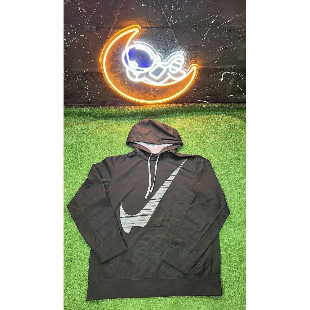 Nike Y2K Thermafit Mens Black Hoodie‎ Sweatshirt size LG Big Logo Graphic Print